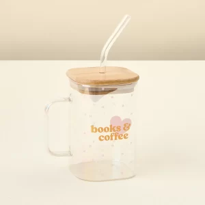 Taza de vidrio Libros+café